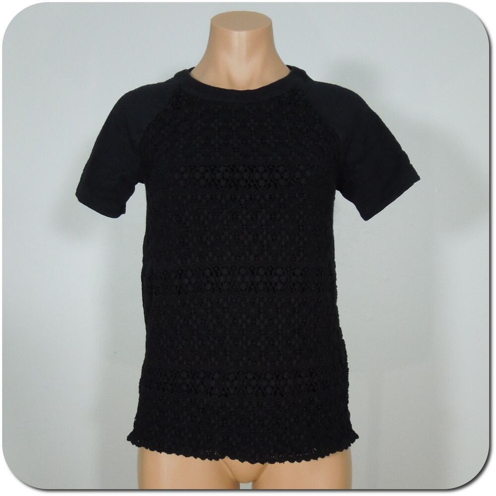 MADEWELL Top XS Womens Black Lace Front Short Sleeves